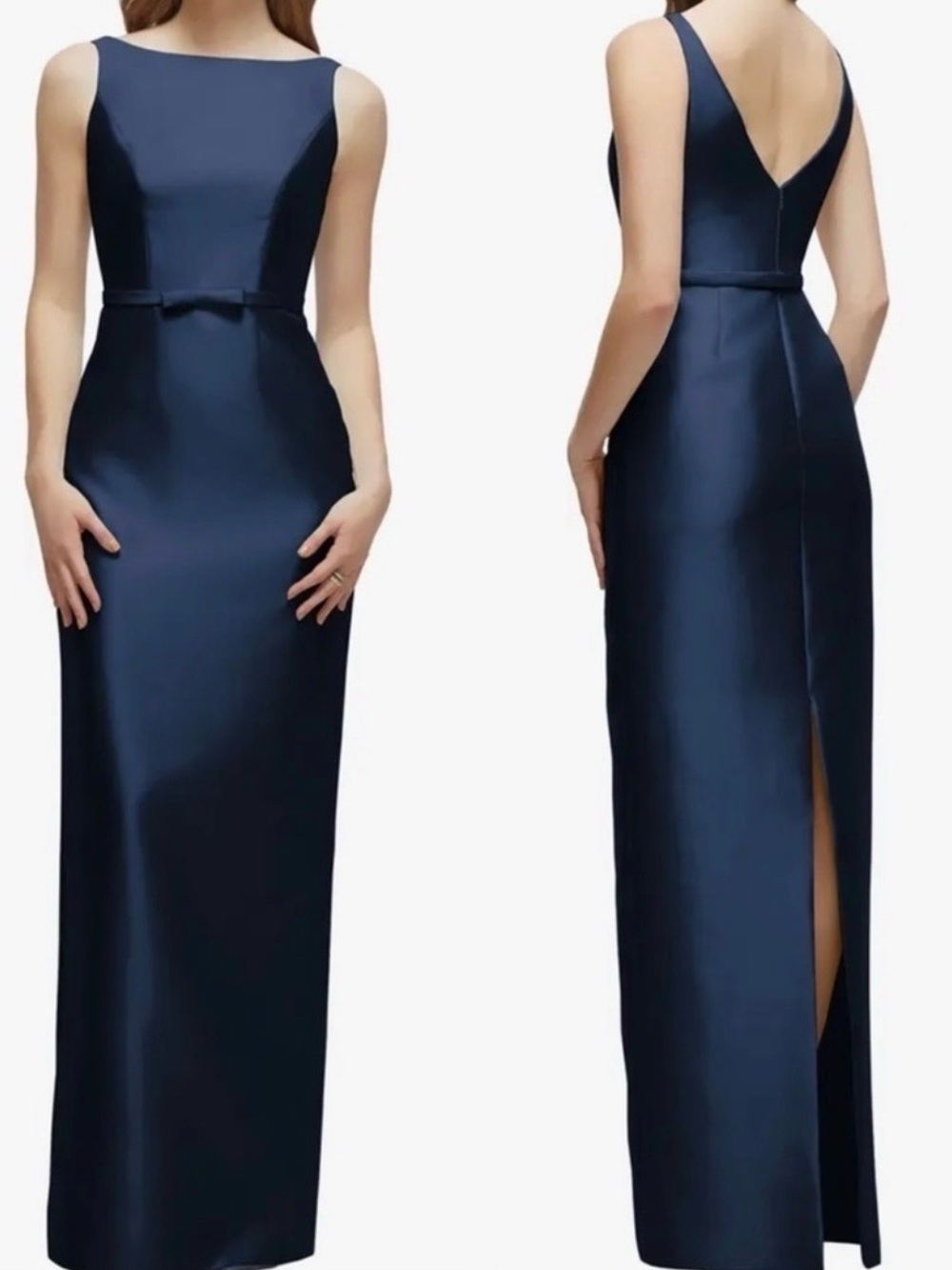 ALFRED SUNG Navy Satin Boatneck Maxi Gown with Back Slit